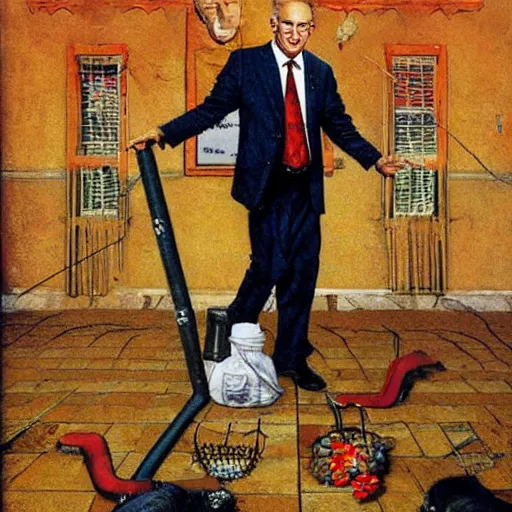 Prompt: absurdist art of benjamin netanyahu, by michael cheval and norman rockwell