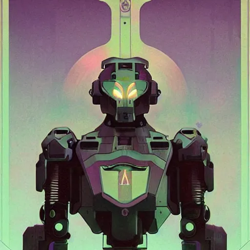 Image similar to occult mobile suit, satanic robotic power armor by beeple, greg rutkowski and alphonse mucha