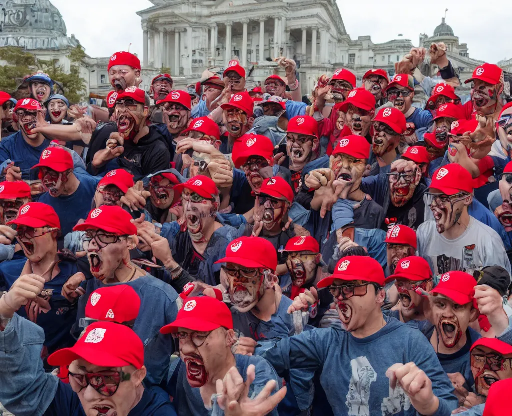 Prompt: a group of angry clowns wearing red trucker hats with logos attacking a government building