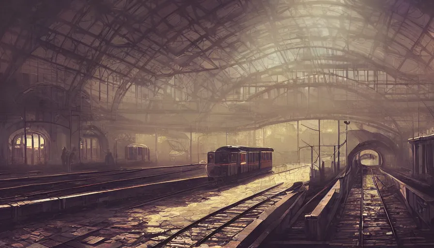 Image similar to Dieselpunk railway station, anamorphic lens, steam, epic composition, diesel trains, intricate, elegant, volumetric lighting, digital painting, highly detailed, artstation, sharp focus, illustration, concept art, ruan jia, steve mccurry