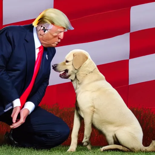 Prompt: Donald trump letting a Labrador lick his hand