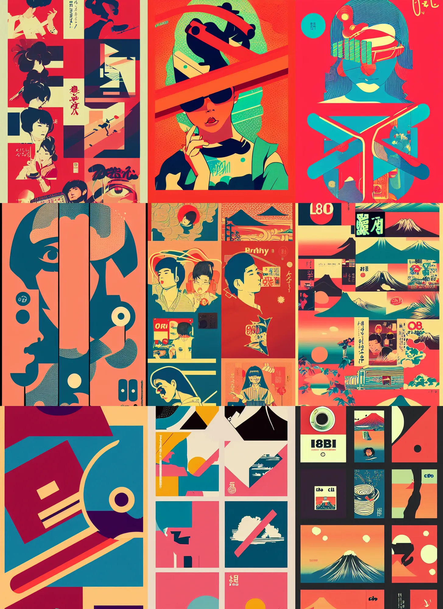 Prompt: beautiful illustration of layout of japanese pop art, obi strip, poster, 8 0 s, album art, trendy typography, chillhop, lo - fi, logo, landscape, pinterest, dribble, influenced by retro and vintage, artstation, 8 k, user interface