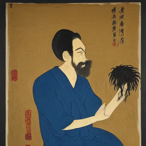 Prompt: A beautiful painting of a self-portrait of the artist. He is shown with his head turned to the left, looking at the viewer. His hair is wild and his eyes are wide open. His right hand is raised, as if he is pointing at something. caput mortuum, cyanotype, avant-garde by Fenghua Zhong, by Hajime Sorayama