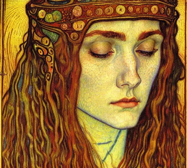 Image similar to detailed realistic beautiful young medieval queen face portrait by jean delville, gustav klimt and vincent van gogh, art nouveau, symbolist, visionary, gothic, pre - raphaelite, muted earthy colors, desaturated