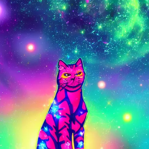 Image similar to a neon astronaut cat flying through the colorful cosmos full of stars , digital art,