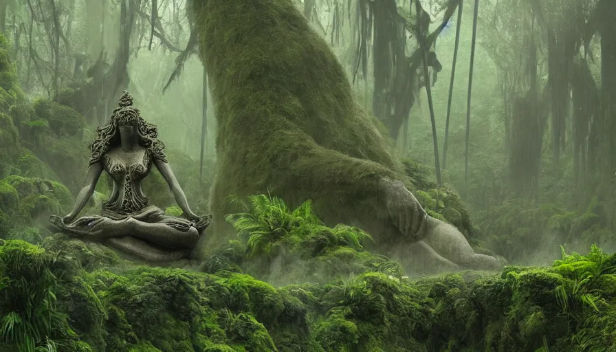 Prompt: concept art of a gargantuan statue of a goddess meditating, deep in the jungle, overgrown, covered in moss, ambient lighting, mist