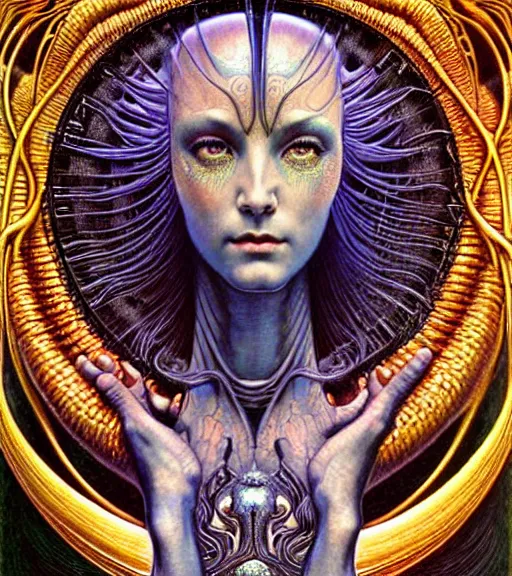 Prompt: detailed realistic beautiful! young cher alien robot as queen of biopunk. portrait by jean delville, gustave dore and marco mazzoni, art nouveau, symbolist, visionary, baroque, giant fractal details. horizontal symmetry by zdzisław beksinski, iris van herpen, raymond swanland and alphonse mucha. highly detailed, hyper - real, beautiful
