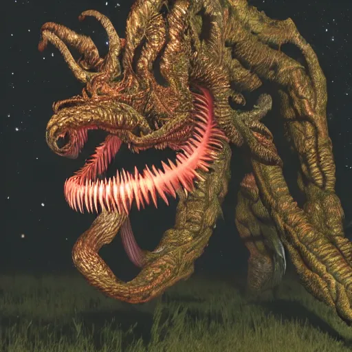 Image similar to footage of a wildcamera showing a demogorgon by night