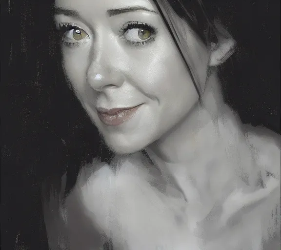 Prompt: a hyper-detailed portrait of Alyson Hannigan by Craig Mullins; oil on canvas; trending on artstation; 90mm; f/1.4