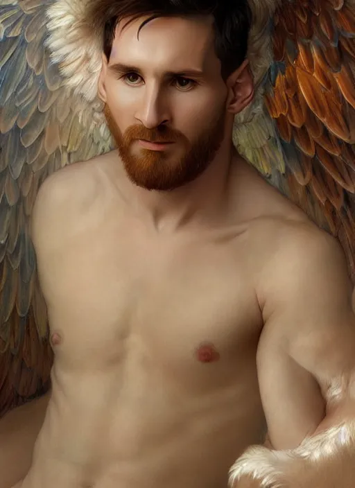 Image similar to portrait lionel messi male beautiful angel, full length shot, shining, 8 k highly detailed, sharp focus, illustration, art by artgerm, mucha, bouguereau