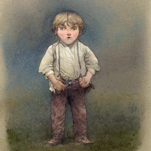 Image similar to portrait of a child standing and facing front looking strait ahead a muted color watercolor sketch of story book character ifrom the book Baltimore & Redingote by Jean-Baptiste Monge of an old man in the style of by Jean-Baptiste Monge that looks like its by Jean-Baptiste Monge and refencing Jean-Baptiste Monge