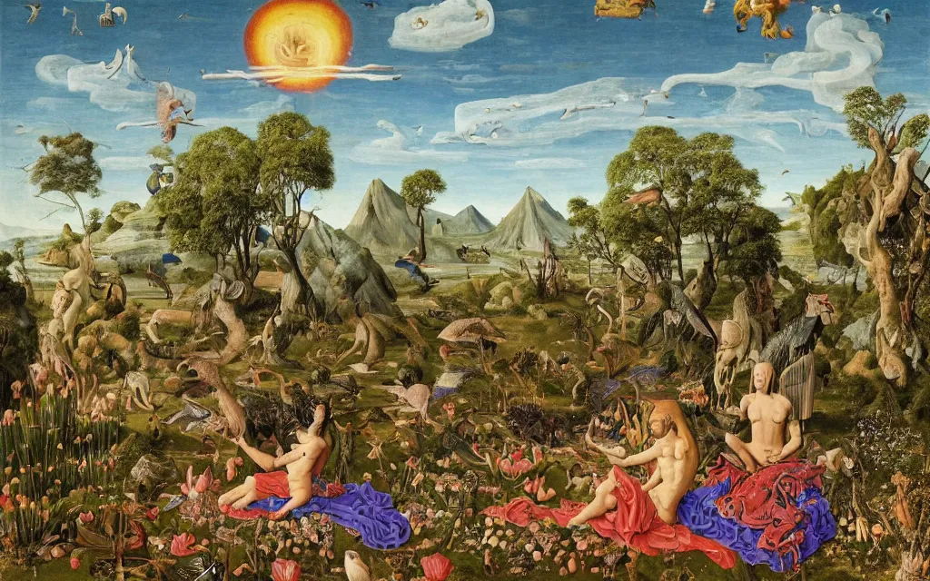 Image similar to a portrait photograph of a meditating sphinx and a centaur king riding birds and feeding animals at a river delta. surrounded by bulbous flowers, animals, trees. mountain range under a vast blue sky of burning stars. painted by jan van eyck, max ernst, ernst haeckel and ernst fuchs, cgsociety, artstation, fashion editorial, 8 k