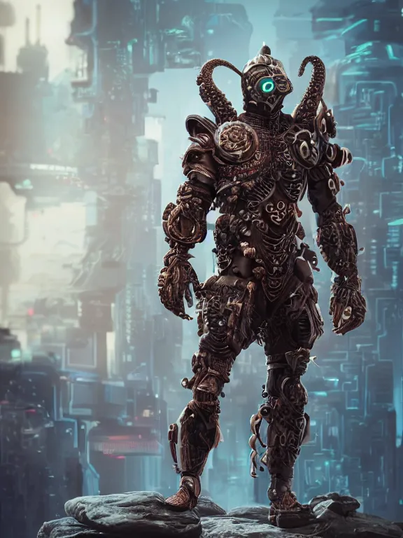 Image similar to full body frontview portrait of single warrior with octopus armour, character design, designed in blender, 4 k hd, octane render, intricate and highly detailed, coloured with lots of colour, cinematic, pose, cyberpunk