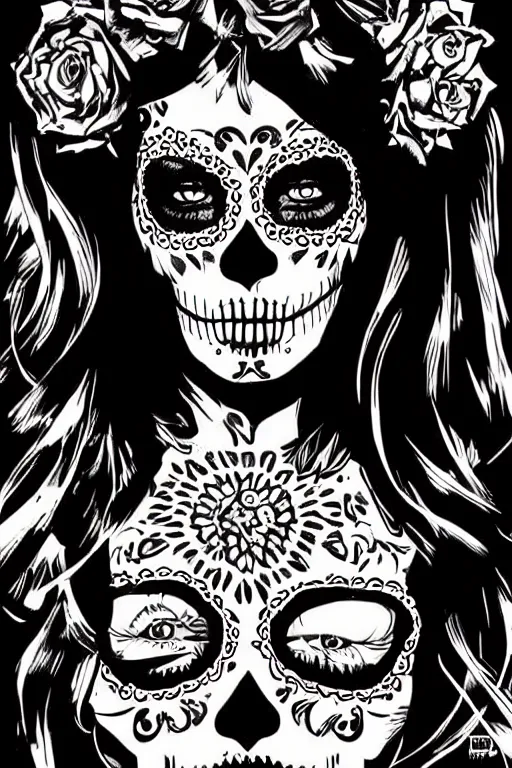 Prompt: Illustration of a sugar skull day of the dead girl, art by mike deodato