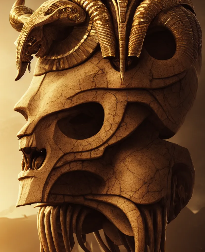 Image similar to Photorealistic epic egyptian god face portrait ram skull. ominous, ancient magic, intricate artwork by Tooth Wu and wlop and beeple. octane render, trending on artstation, greg rutkowski very coherent symmetrical artwork. cinematic, hyper realism, high detail, octane render, 8k