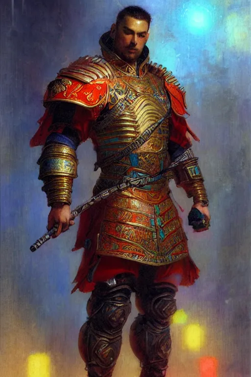 Prompt: attractive beefy male with armor, ming dynasty, character design, colorful, neon lights, cyberpunk, painting by gaston bussiere, craig mullins, j. c. leyendecker, tom of finland