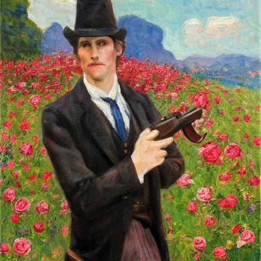 Image similar to an impressionist painting of a tall man with blue eyes that is wearing a wide brim hat and a leather vest. He is holding a revolver in his left hand and a rose is in his right hand. He is standing in a field of roses.