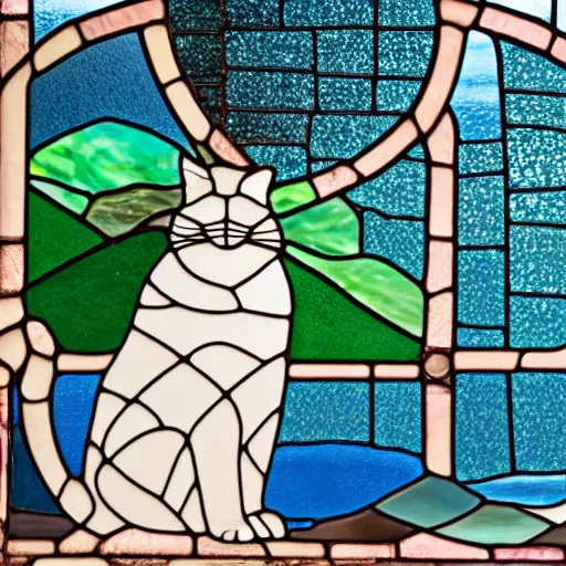 Prompt: A stained glass window depicting a shiny Ragdoll cat sitting by snow mountains