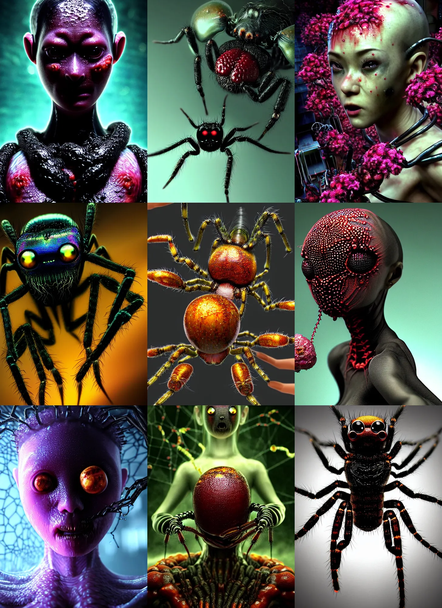 Prompt: hyper detailed 3d render like a dark Oil painting - kawaii screenshot from new matrix movie bullet time (a jumping-spider headed shiny standing profile lithe adorable borg queen cenobite cinematic practical effects) seen Eating of the Strangling network of (amber juices) and milky Fruit wearing spidersilk dress and Her delicate pedipalps hold of gossamer polyp blossoms bring iridescent Cronenberg fungal flowers whose spores black the foolish stars by Jacek Yerka, Ilya Kuvshinov, Glenn Barr, Mariusz Lewandowski, Houdini algorithmic generative render, Abstract brush strokes, Masterpiece, Edward Hopper and James Gilleard, Zdzislaw Beksinski, Mark Ryden, Wolfgang Lettl, hints of Yayoi Kasuma, octane render, 8k