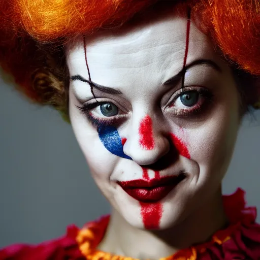 Image similar to a beautiful photography of Marion Cotillard playing the clown from it, photorealistic, Canon eos M50, 50mm, cinematic, trending on Artstation