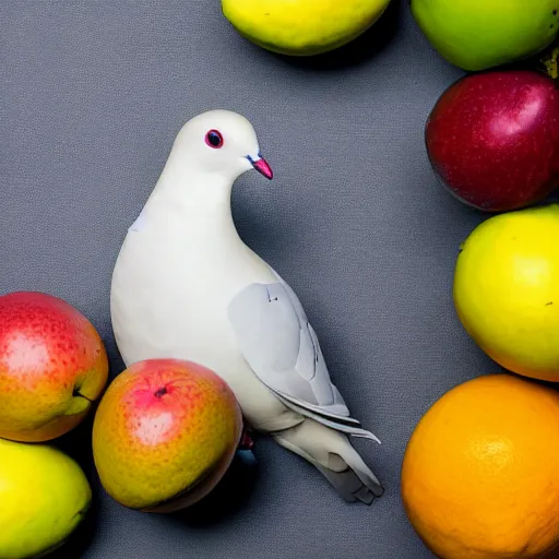 Prompt: high quality studio photography of a dove with assorted fruit, solid background