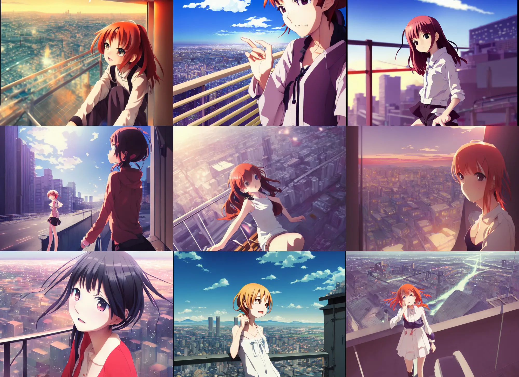 Prompt: anime visual, portrait of a young female sightseeing above the city, guardrail, cute face by yoh yoshinari, katsura masakazu, dramatic lighting, dynamic pose, dynamic perspective, strong silhouette, ilya kuvshinov, anime cels, 1 8 mm lens, fstop of 8, rounded eyes, moody, detailed facial features