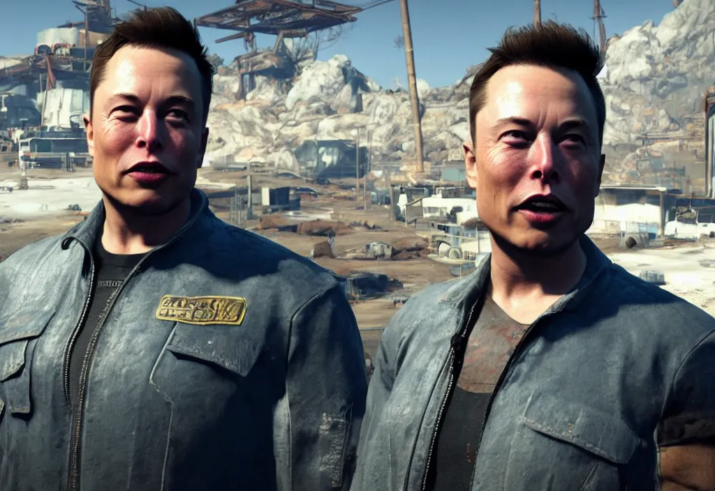 Image similar to elon musk in the video game in fallout 4, apocalyptic wastland, close up, 3 d rendering. unreal engine. amazing likeness. very detailed.