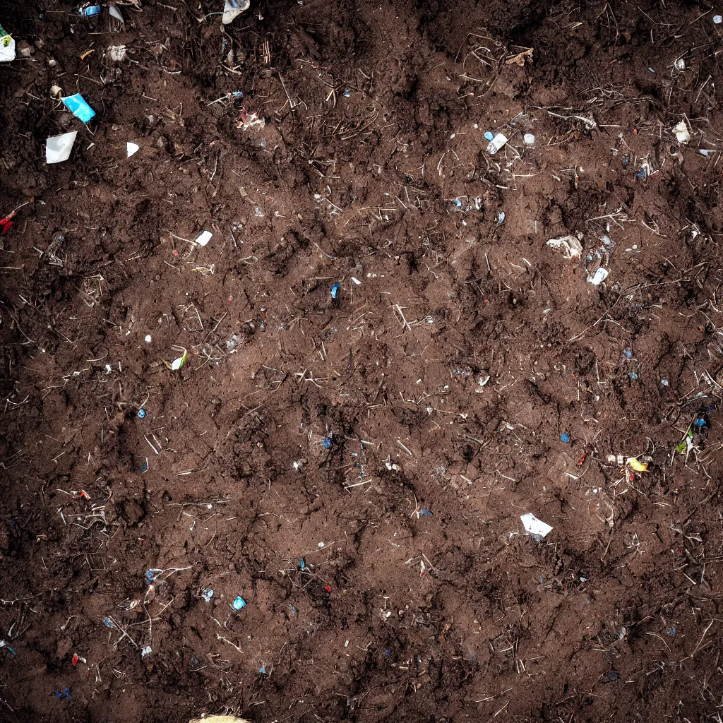 Prompt: a high camera topdown picture of nightmare horror dirt with trash, bricks, roots and mud. dark.