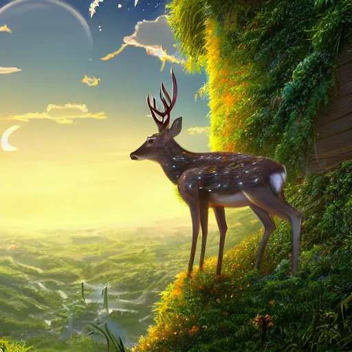 Prompt: highly detailed digital art of a deer standing on an overgrown rooftop looking into the lush solarpunk city below, sunshine, kimi no na wa, trending on artstation, tranquil, by ghibli