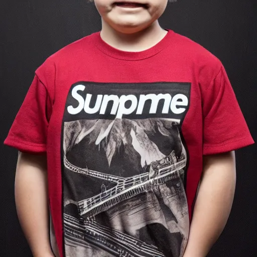 Image similar to short kid wearing a supreme shirt, detailed, studio