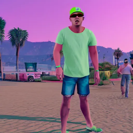 Prompt: Bad bunny as a GTA V NPC in Vespucci Beach, in game capture. 3D Render.