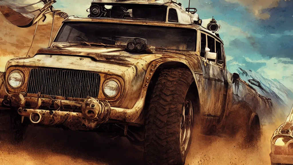 Image similar to digital illustration of mad max's fj 4 0 pursuit special riding fury road eternal shiny and chrome, world of fire and blood, the last v 8 interceptor driving down to the gates of valhalla highway, by makoto shinkai, ilya kuvshinov, lois van baarle, rossdraws, basquiat, global illumination ray tracing hdr