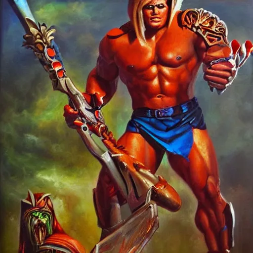 Image similar to masters of the universe, highly detailed oil painting