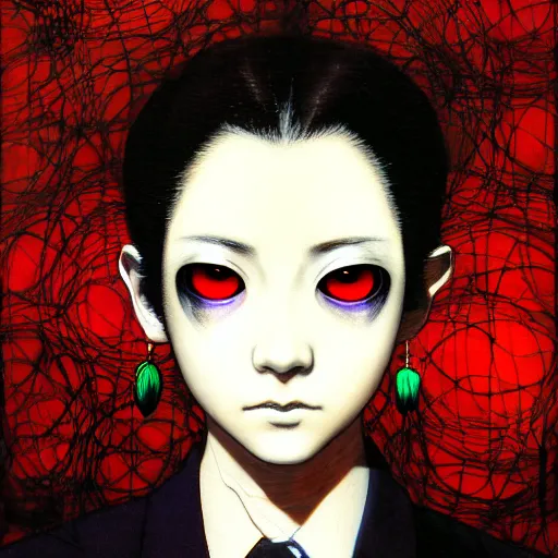 Image similar to yoshitaka amano blurred and dreamy realistic three quarter angle horror portrait of a sinister young woman with short hair, big earrings and red eyes wearing office suit with tie, junji ito abstract patterns in the background, satoshi kon anime, noisy film grain effect, highly detailed, renaissance oil painting, weird portrait angle, blurred lost edges