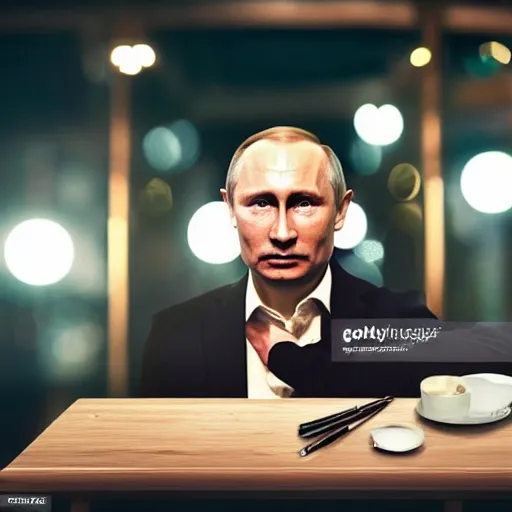 Image similar to a selfie of person looking like vladimir putin sitting on bar, hand on table, rolex watches, taken in night club, blur background, style like real photo