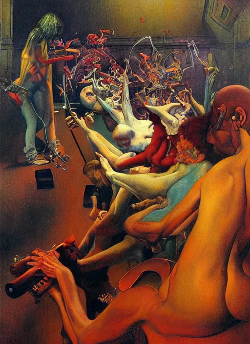 Prompt: realistic detailed image of a rock concert performed by the band Megadeth in the style of Francis Bacon, Surreal, Norman Rockwell and James Jean, Greg Hildebrandt, and Mark Brooks, triadic color scheme, By Greg Rutkowski, in the style of Francis Bacon and Syd Mead and Edward Hopper and Norman Rockwell and Beksinski, open ceiling, highly detailed, painted by Francis Bacon, painted by James Gilleard, surrealism, airbrush, Ilya Kuvshinov, WLOP, Stanley Artgerm, very coherent, art by Takato Yamamoto and James Jean