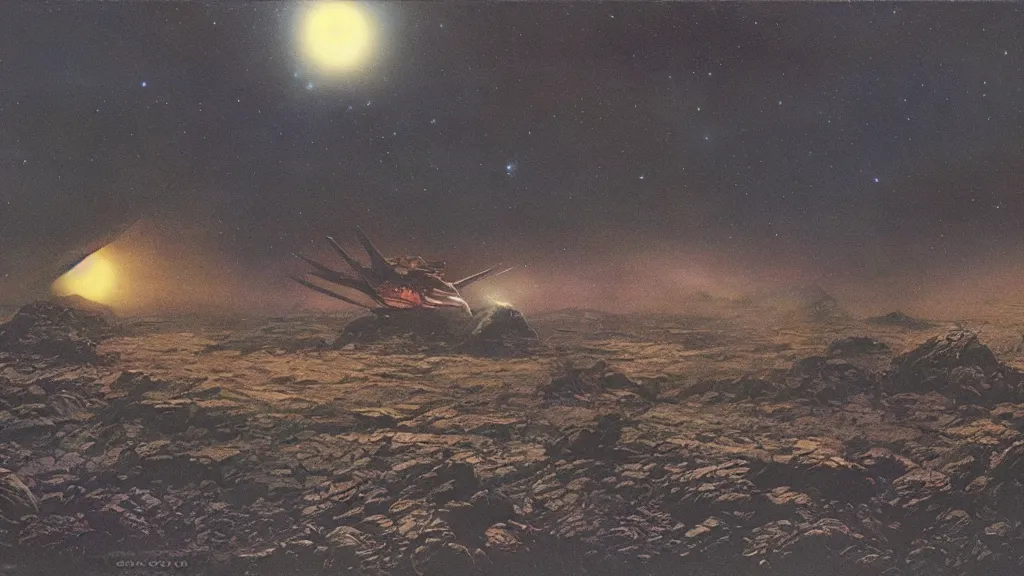 Image similar to eerie atmospheric alien planet with a small dropship pod landing by jack gaughan and bob eggleton and chris moore, epic cinematic matte painting