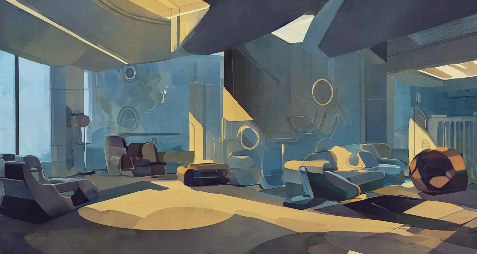 Image similar to a beautiful illustration of futuristic interior hall, lots of furniture, sofa, waiting room, big medium small, sacred geometry, golden ratio, in watercolor gouache detailed paintings, in style of syd mead, trending on artstation,8k, panel, hard surface, vent, zaha hadid, props, plant, cozy,decoration around the room