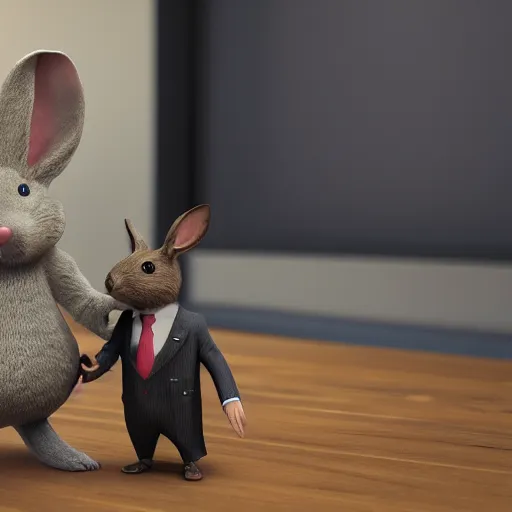 Prompt: a mouse in a suit shaking hands with a rabbit in a suit. Unreal 5 render volumetric lighting, beautiful, 4k UHD, ultra high quality