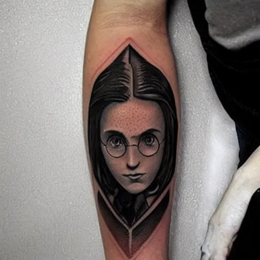 Prompt: a black tattoo based on the Harry Potter universe, whole tattoo, realistic, very detailed