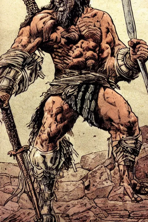 Image similar to ancient historically accurate depiction of the Bible Character Goliath of Gath, the Philistine warrior giant by frank miller