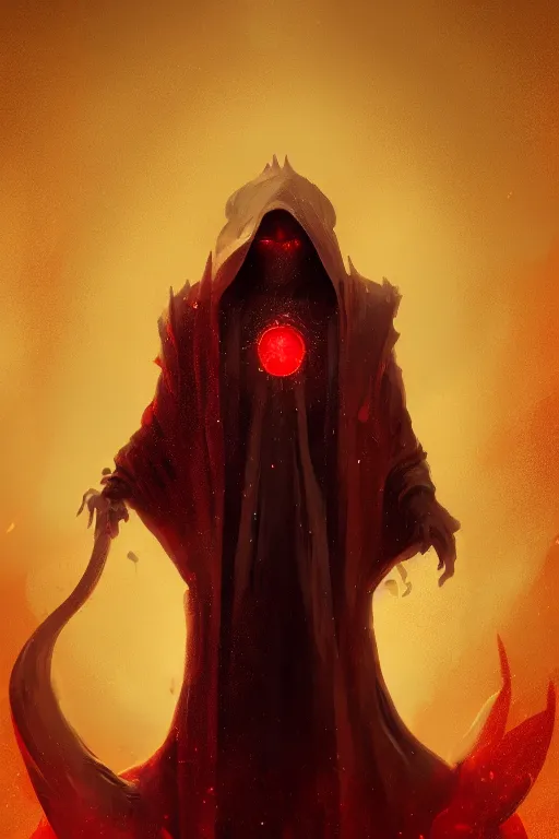 Image similar to A full body portrait of a mysterious character with no face with a very long hooded crimson red cloak, a golden crown floating above his head tentacles coming out the ground art by James Paick, and Shaddy Safadi, ominous, cosmic horror, trending on artstation, Ultra detailed, hyper realistic 4k