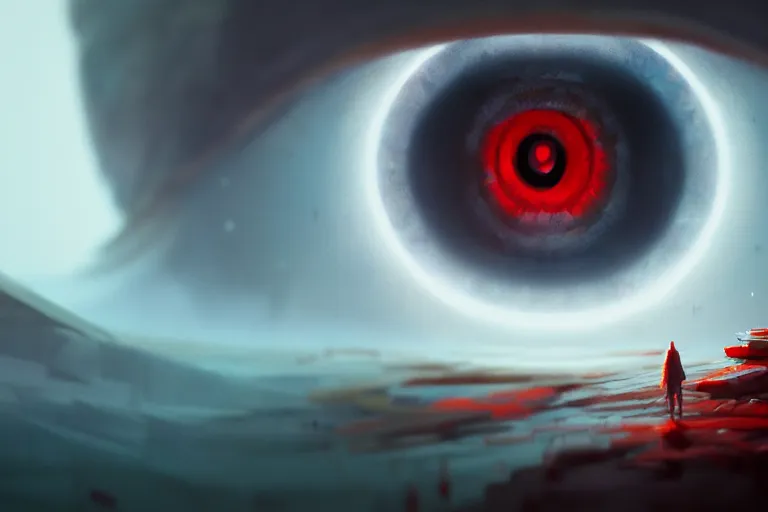 Image similar to portrait of a mystical giant eye, red pupils, intricate, ( ( abstract ) ), cinematic, octane render, wlop, greg rutkowski, dan mumford, artgerm