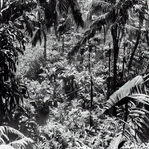 Image similar to establishing shot, vietnamese jungle with elderich horrors looming, 1 9 6 0 s photography