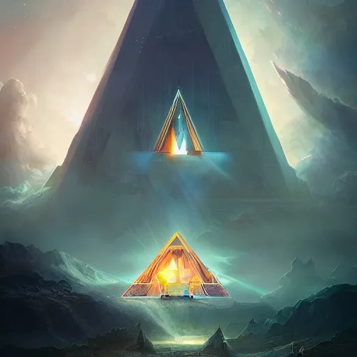 Prompt: ultradetailed pyramid structure emitting an energy beam into the atmosphere by peter mohrbacher and emmanuel shiu and martin johnson heade and bastien lecouffe - deharme