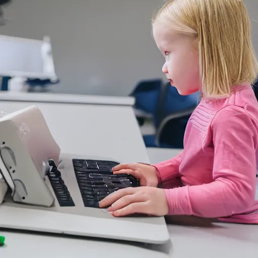 Image similar to a blonde toddler child infant baby girl working CAD computer drafting, civil engineer, sitting at a desk