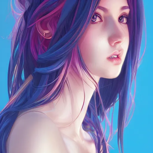 Image similar to portrait of beautiful symmetrical anime girl, rainbow hair, attractive, casual, modern, victoria's secret, highly detailed, digital painting, artstation, concept art, smooth, sharp focus, illustration, art by artgerm, greg rutkowski and alphonse mucha, 8 k,