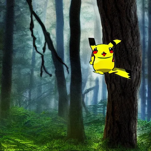 Image similar to very very intricate photorealistic photo of pikachu peeking through a tree in a forest, photo is in focus with detailed atmospheric lighting, award - winning details