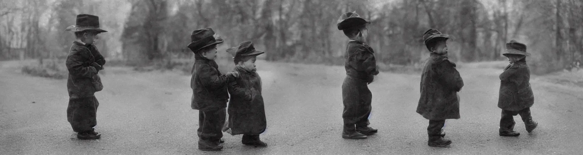 Prompt: A little boy in a hat tells a story to his sister that he saw a man who puts photos of fallen heroes of the Soviet Union on the roads gothic style, 2k