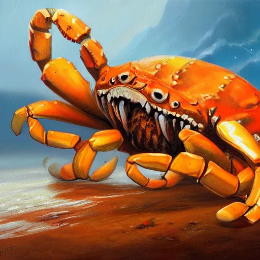 Image similar to tiger - crab creature, oil painting by justin gerard